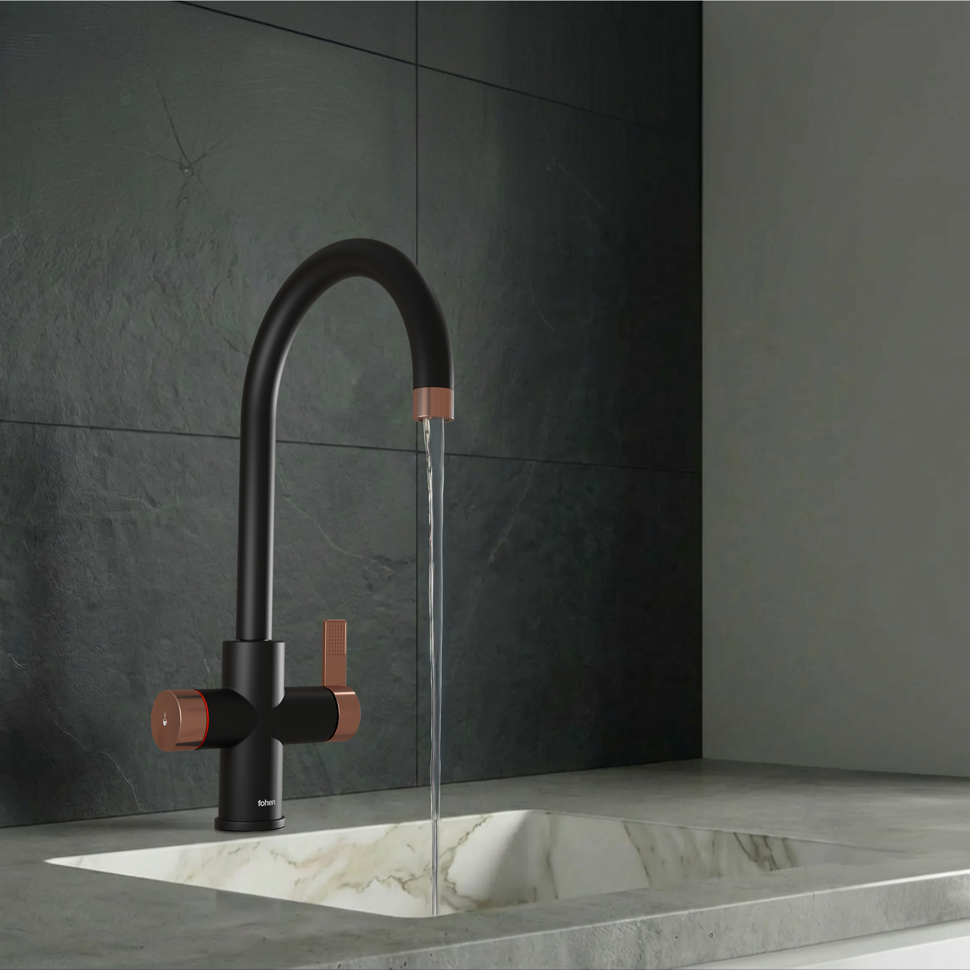 Modern black and copper kitchen faucet in a gray tiled bathroom setting