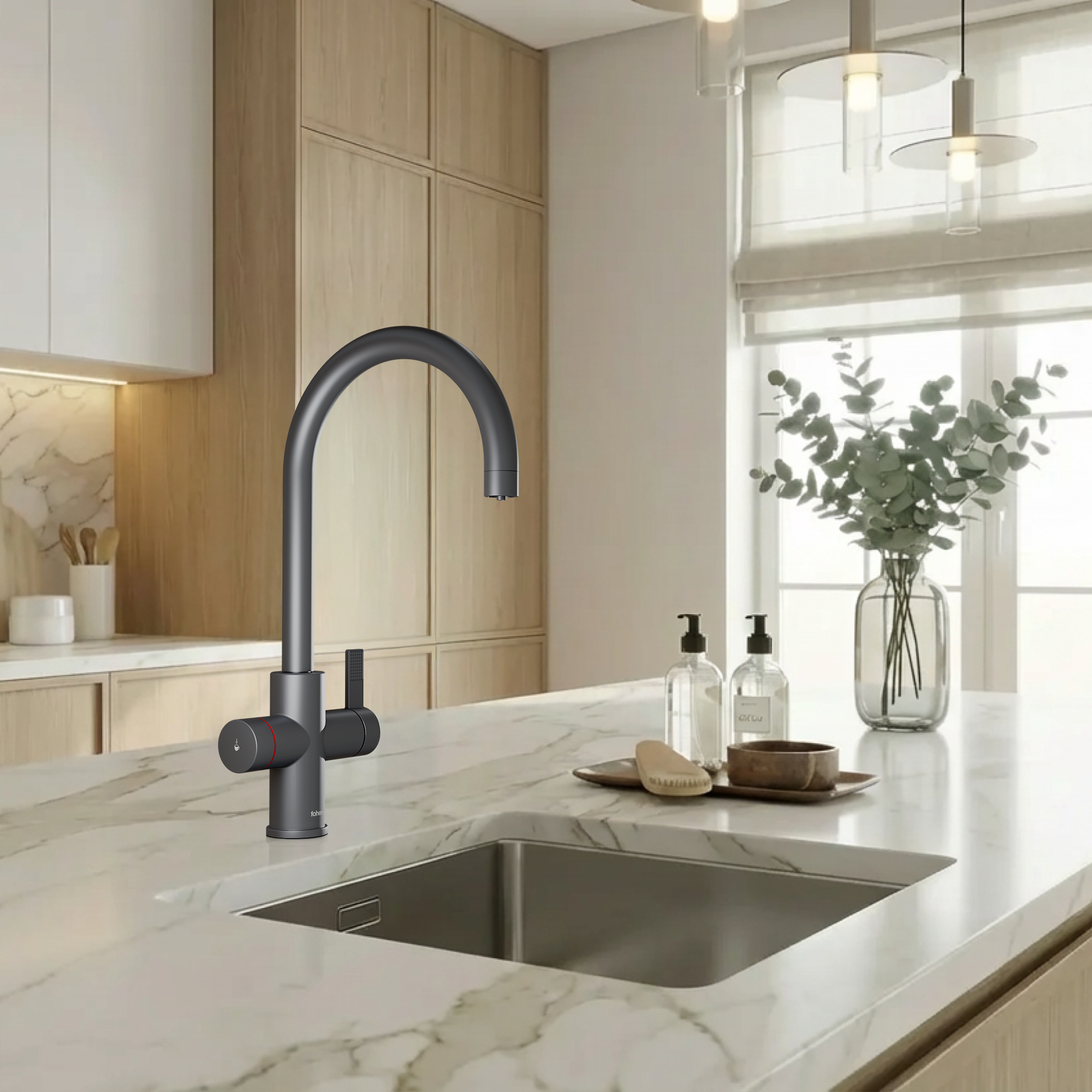 Modern kitchen with a black faucet and marble countertop