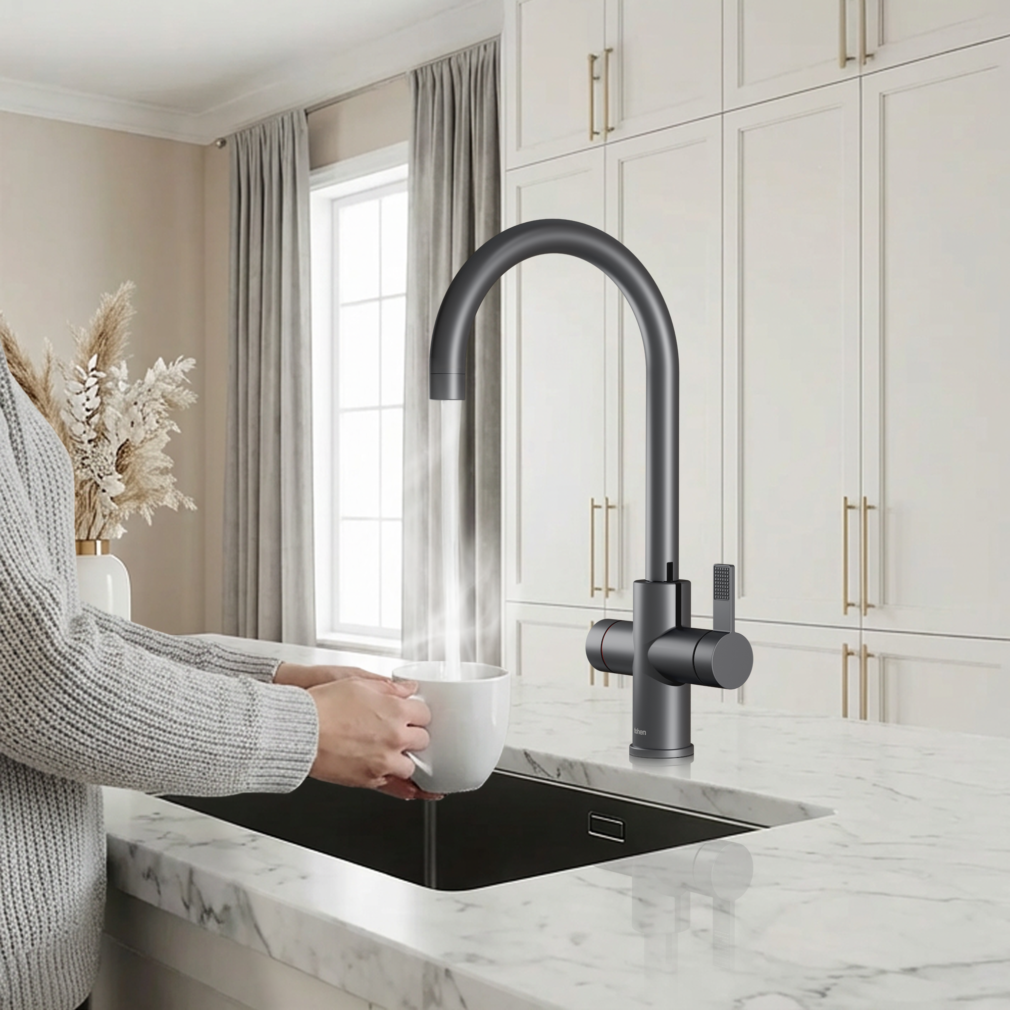Person washing a white mug under a black kitchen faucet in a modern kitchen.