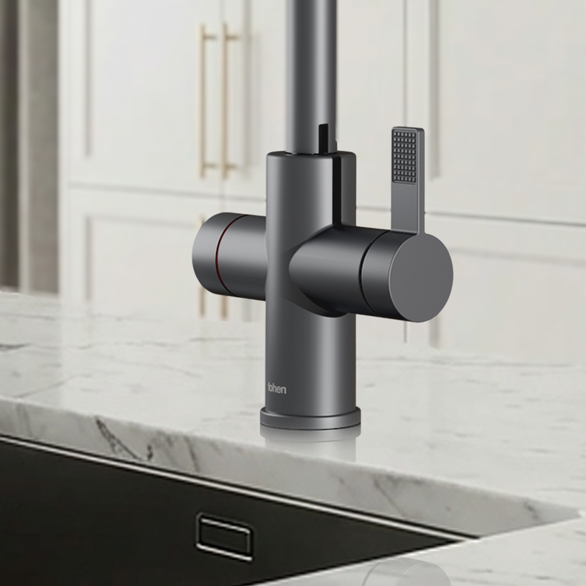 Modern kitchen faucet with a marble countertop and tiled wall.