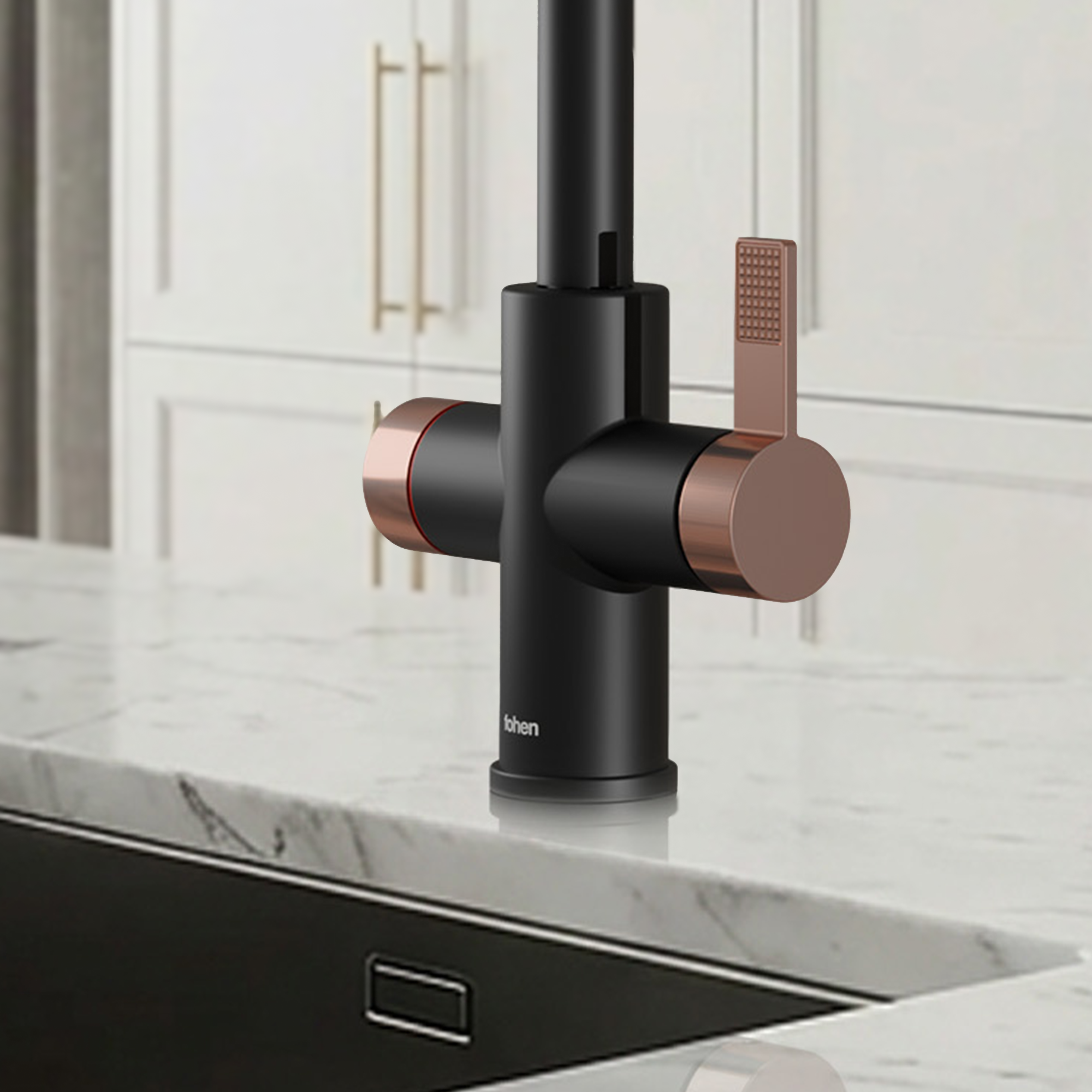 Image of Modern kitchen faucet with black and copper design on a marble countertop.